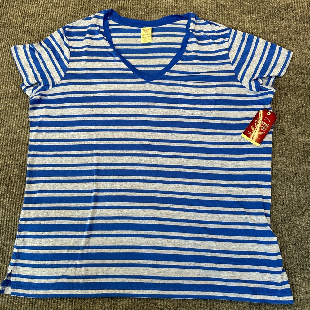 Faded Glory V-Neck Pocket Tee 2X Blue White Striped Linen Blend